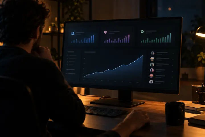 Une interface d’analyse sombre affichant les indicateurs d’audience, l’activité des publications et un graphique de croissance du nombre d’abonnés.
