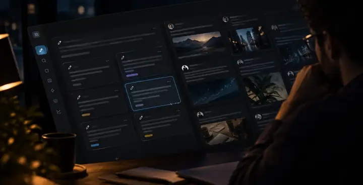 Un espace de travail sombre dédié aux contenus pour les réseaux sociaux, avec des cartes de rédaction et un fil d’inspiration, vu de biais.